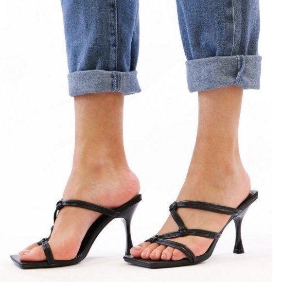 Shoes - Black Square Toe Strappy Kitten Heel Mules